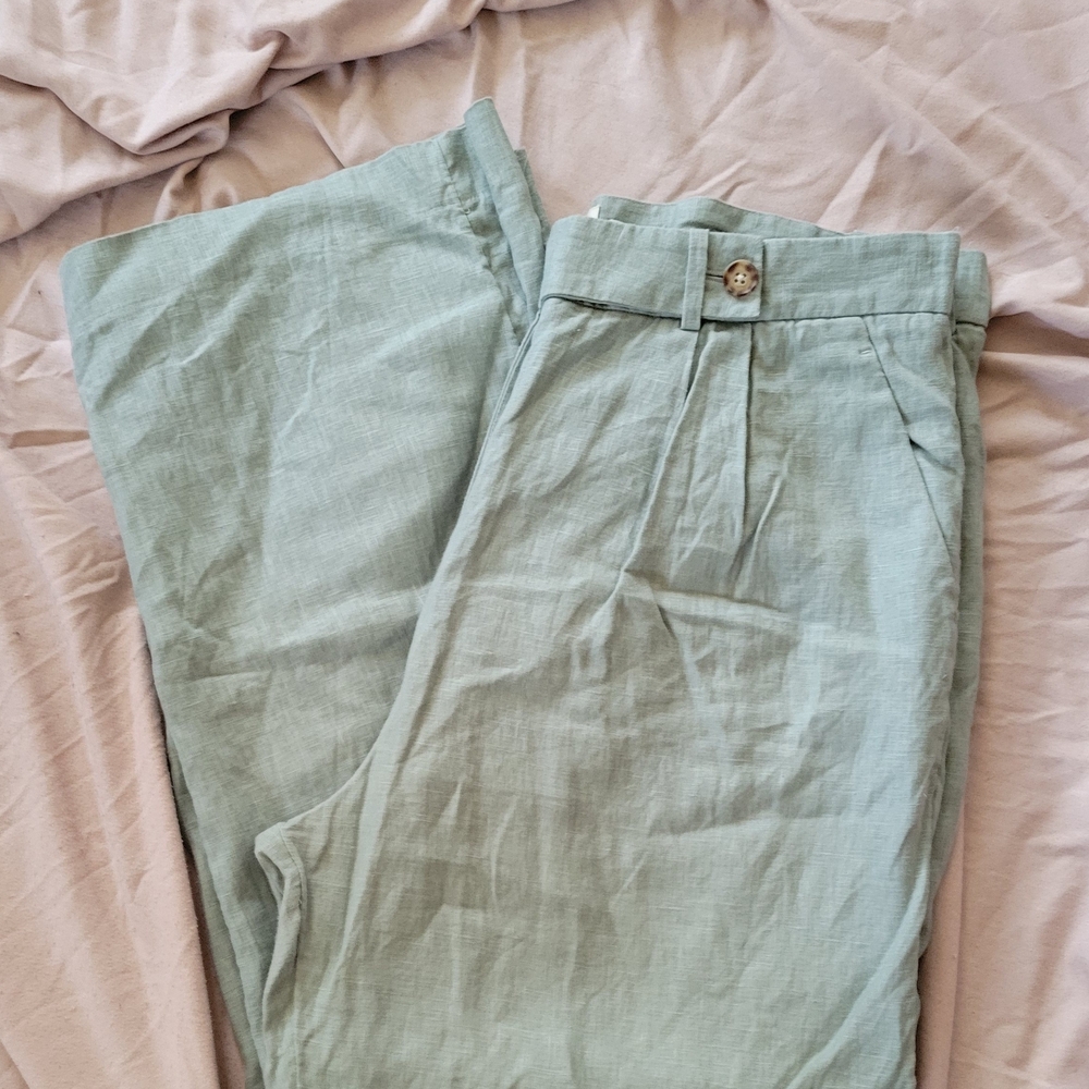 Abercrombie And Fitch Women's Light Green Linen Pants A&F